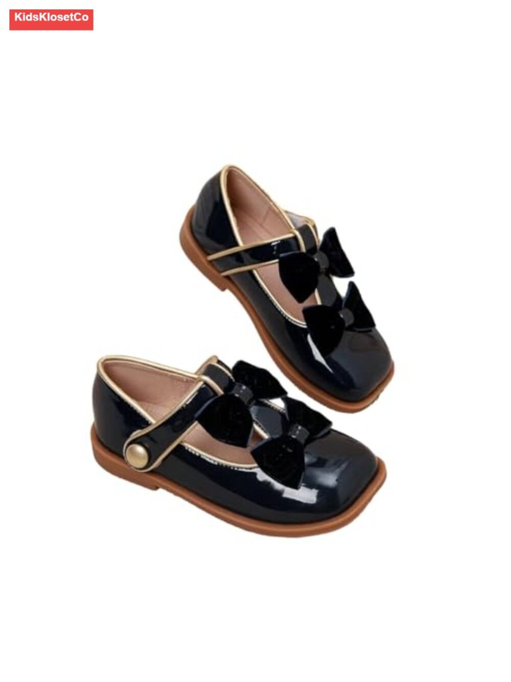 Girls Patent Leather Mary Jane Flats with Velvet Bows Square Toe Dress Shoes
